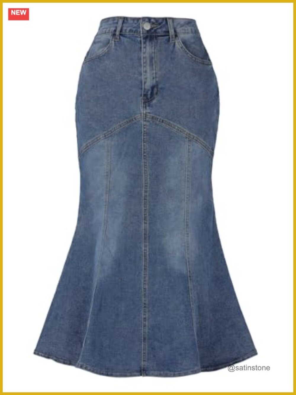 Washed Denim Fishtail Midi Skirt High Waisted Bodycon Stretch Jean Skirt